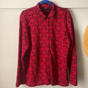 Vintage sheer red & black lace long sleeve button down shirt